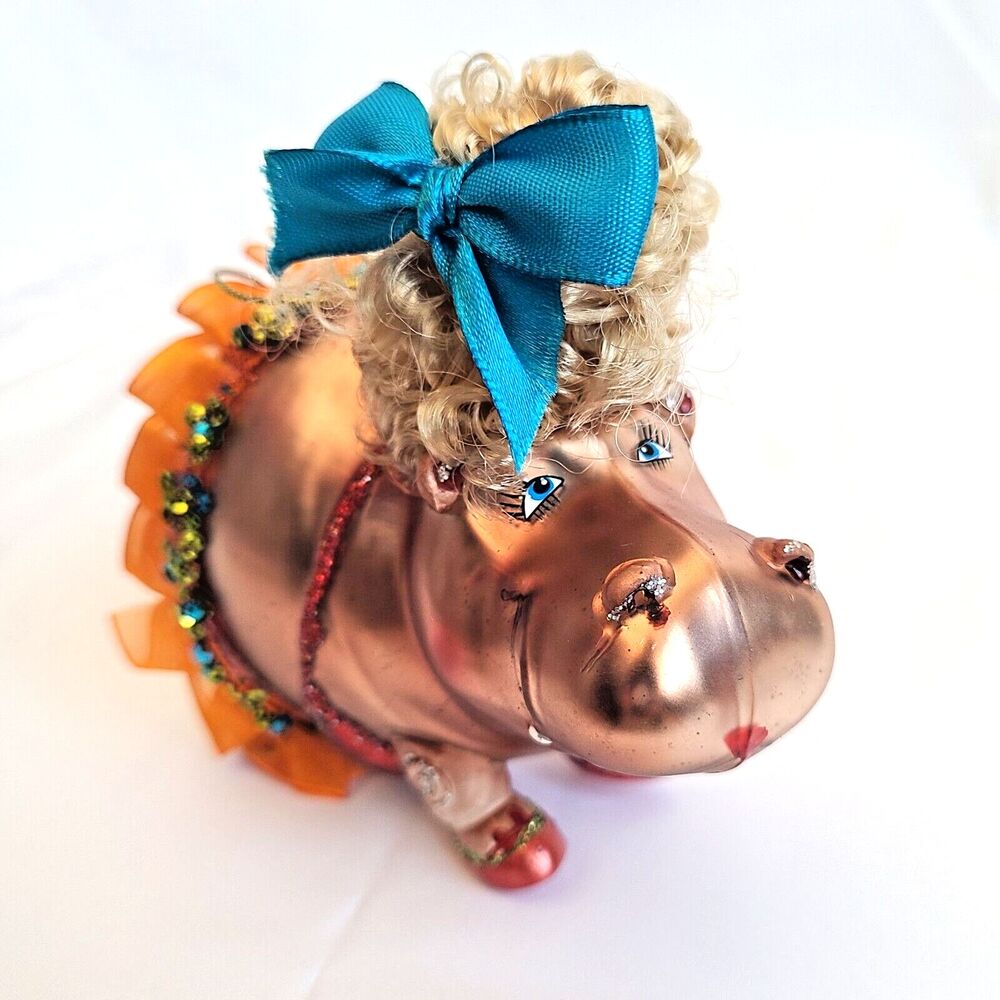 Hippo Ballerina Mercury Glass Christmas Ornament Hand Blown Sequin Glitter Tutu - Picture 1 of 13
